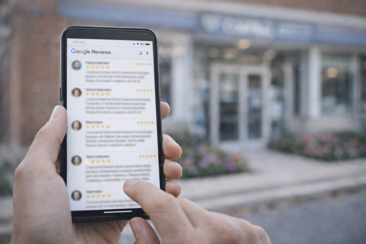 Smartphone displaying online reviews for an audiologist in Maryland with clinic storefront in the background