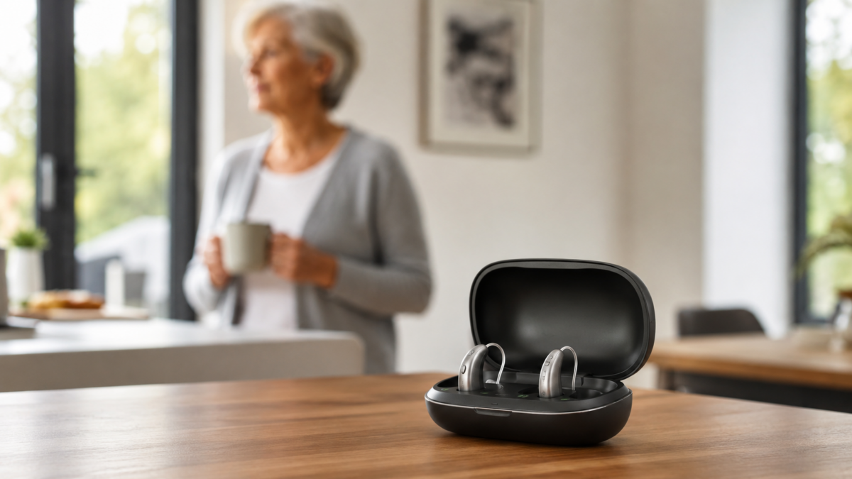 Rechargeable hearing aids in a charging case on a table at home
