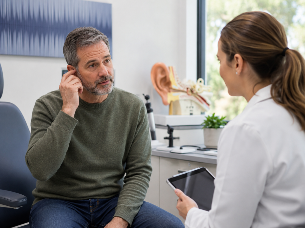 Patient discussing ringing in one ear with an audiologist during an evaluation